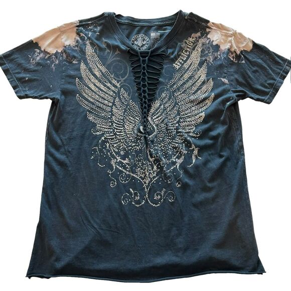 Affliction S Rhinestone Wing Bleach Wash Graphic Tee‎ Bikercore Grunge Moto Punk - Picture 2 of 7